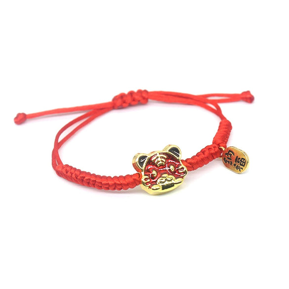 Wholesale Tiger Head Bell Woven Bracelet In Red Rope Alloy Material With Dripping Oil Treatment For Unisex Featuring Animal Zodiac Pattern