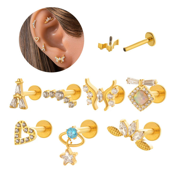 Wholesale Titanium Alloy Heart Shape Butterfly Inner Teeth Screw Lip Nail Lever Ear Bone Nail Fashion Cartilage Puncture Earrings For Women With Electroplating Treatment