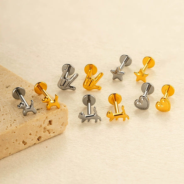 Wholesale Titanium Alloy Heart Shape Piercing Jewelry For Women Electroplated Inner Tooth Screw Rod Lip Nail Ear Bone Nail