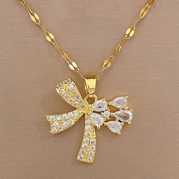 Wholesale Titanium Steel And Brass Women's Cartoon Geometric Diamond Inlaid Butterfly Water Drop Necklace Accessories