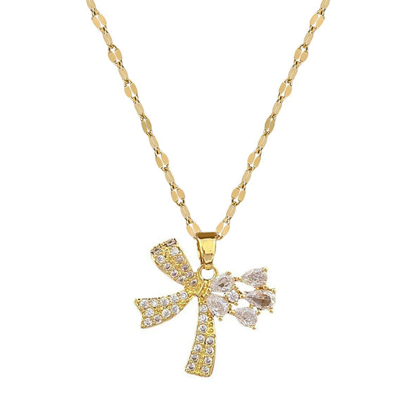 Wholesale Titanium Steel And Brass Women's Cartoon Geometric Diamond Inlaid Butterfly Water Drop Necklace Accessories