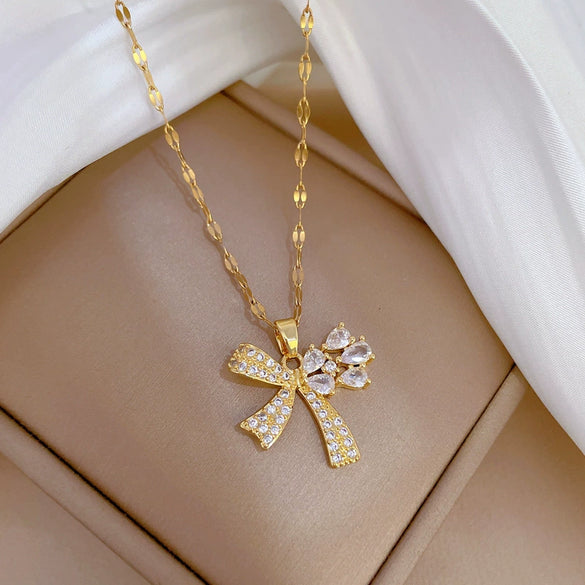 Wholesale Titanium Steel And Brass Women's Cartoon Geometric Diamond Inlaid Butterfly Water Drop Necklace Accessories