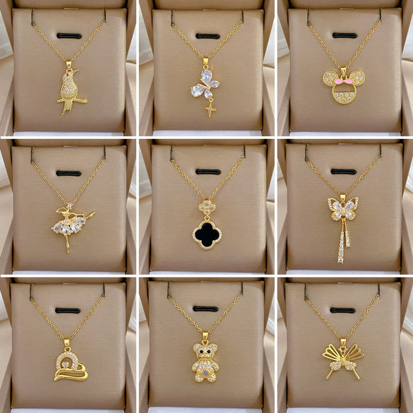 Wholesale Titanium Steel And Copper Diamondencrusted Geometric Fourleaf Flower Women's Necklace