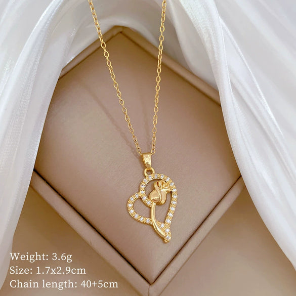 Wholesale Titanium Steel And Copper Diamondencrusted Geometric Fourleaf Flower Women's Necklace