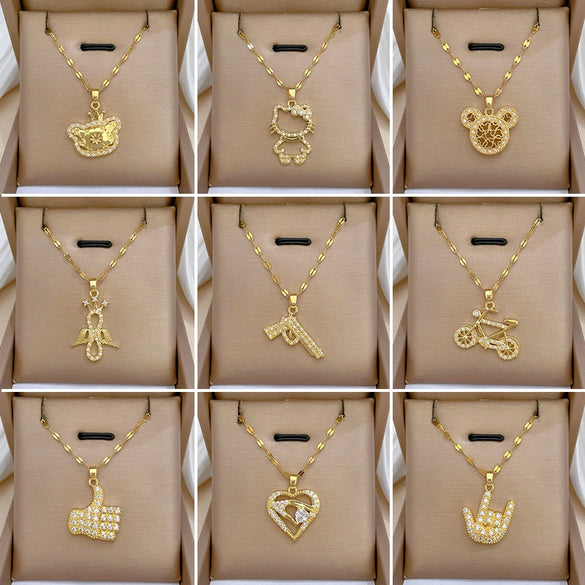 Wholesale Titanium Steel And Copper Diamondencrusted Geometric Fourleaf Flower Women's Necklace