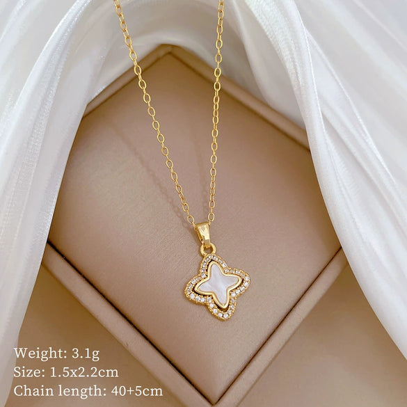 Wholesale Titanium Steel And Copper Diamondencrusted Geometric Fourleaf Flower Women's Necklace