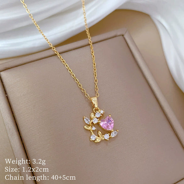 Wholesale Titanium Steel And Copper Geometric Love Leaf Zircon Diamond Necklace For Women