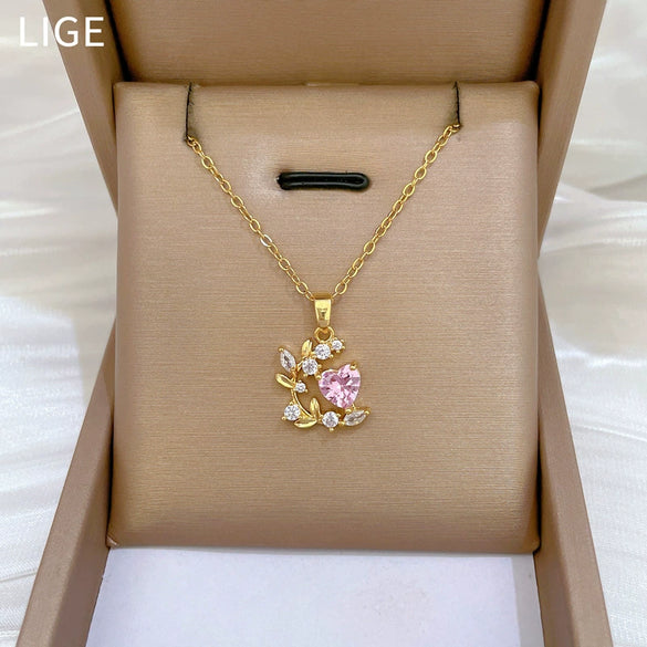 Wholesale Titanium Steel And Copper Geometric Love Leaf Zircon Diamond Necklace For Women