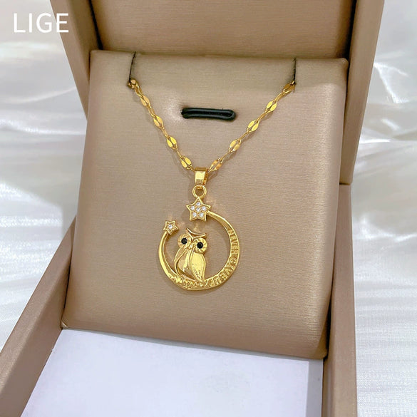 Wholesale Titanium Steel And Copper Moon Owl Geometric Light Luxury Elegant Gorgeous Diamond Unisex Necklace