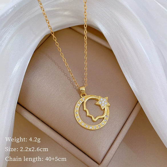 Wholesale Titanium Steel And Copper Necklace With Geometric Pattern And Diamond Inlay And Real Gold Electroplated For Women