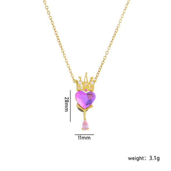 Wholesale Titanium Steel And Copper Ochain Clavicle Necklace With Mixed Gem Inlay Crown And Heart Pattern For Women Light Luxury Style Electroplating Process