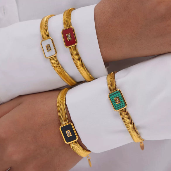 Wholesale 316L Stainless Steel And Glass Inlaid Geometric Square Necklace And Bracelet With Electroplating