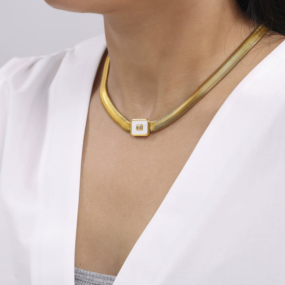Wholesale 316L Stainless Steel And Glass Inlaid Geometric Square Necklace And Bracelet With Electroplating