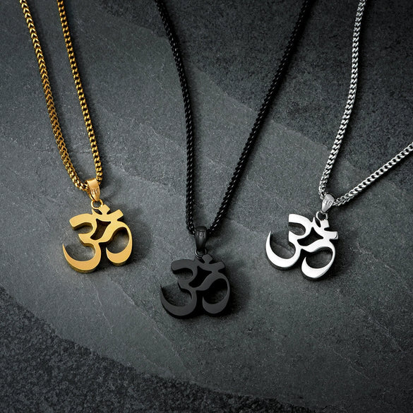 Wholesale Titanium Steel And 925 Silver Om Pendant Hiphop Cuban Chain Unisex Necklace With Electroplating 18K Real Gold And Letters Numbers Text Style