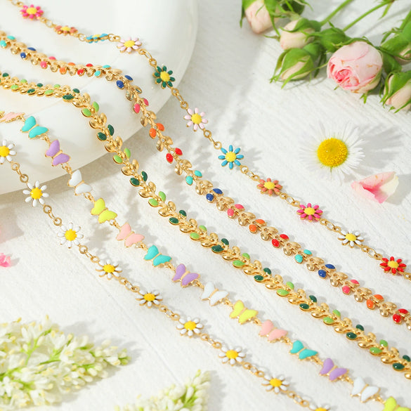 Wholesale Titanium Steel And Stainless Steel Necklace And Bracelet With Oil Drop Design Daisy And Butterfly And Olive Leaf Patterns Vacuum Plated And Handmade Chain For Women