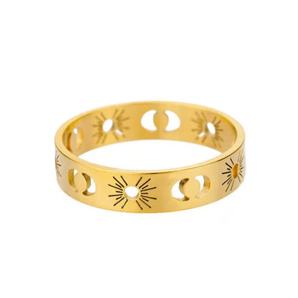 Wholesale Titanium Steel And Stainless Steel Unisex Couple Ring With Sun Hollow Crescent Interlaced Design And Electroplating