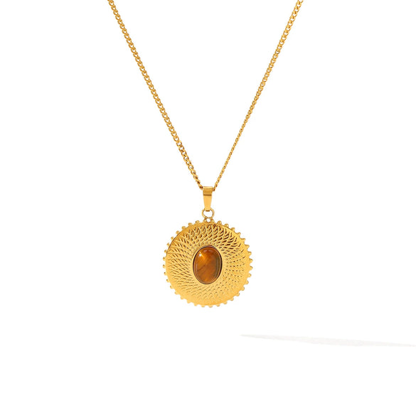Wholesale Titanium Steel And Tiger Eye Stone Inlaid Sunflower Pendant Necklace For Women With Vacuum Plating