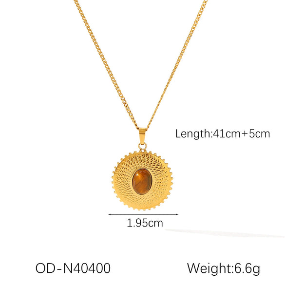Wholesale Titanium Steel And Tiger Eye Stone Inlaid Sunflower Pendant Necklace For Women With Vacuum Plating