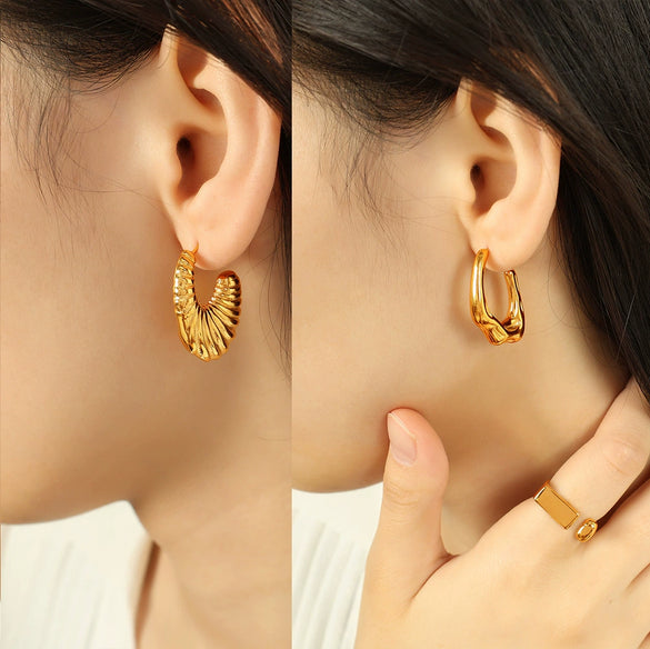 Wholesale 316L Stainless Steel Asymmetrical Threaded Open Exaggerated Geometric Electroplated Fashion Earrings For Women