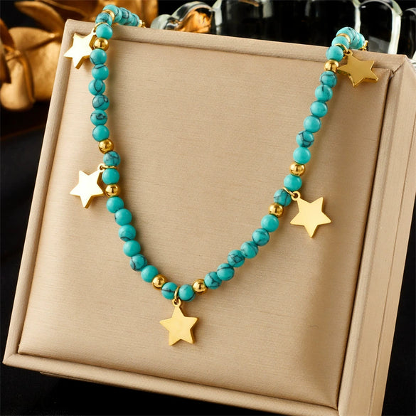 Wholesale Titanium Steel Beaded Butterfly Star Hollow Eye Pendant Round Bead Necklace Fashion Retro Style Electroplated