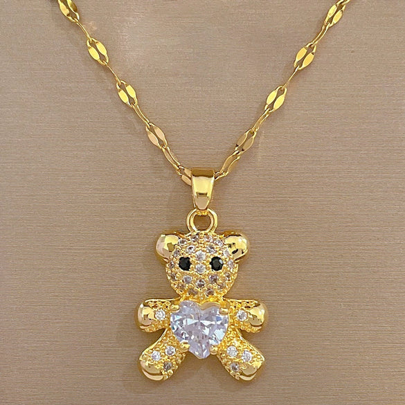 Wholesale Titanium Steel Bear Microinlaid Jewelry Set With Geometric Pattern And Electroplating Treatment For Women
