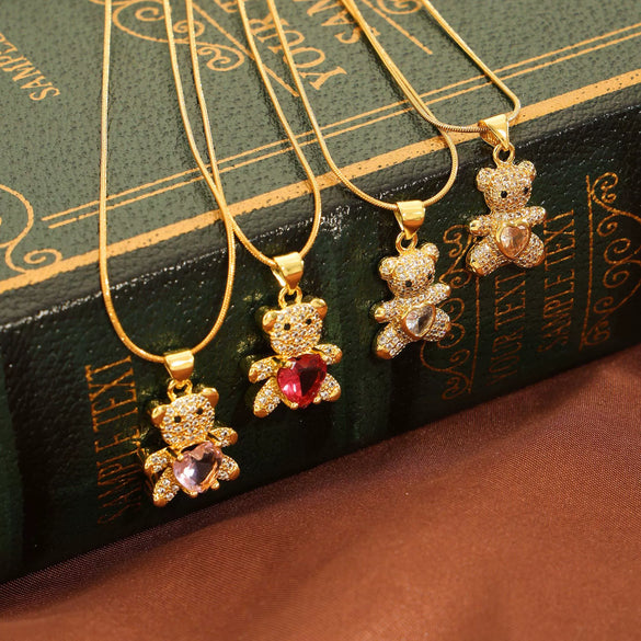 Wholesale Titanium Steel Bear Pendant Necklace With Cartoon Characters And Geometric Patterns Electroplated For Women