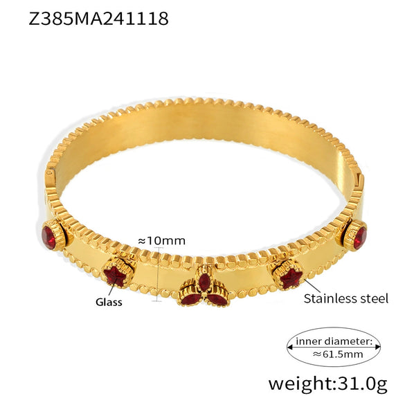 Wholesale Titanium Steel Bracelet With Clover Zircon Czech Glass Flower Buckle And Gear Design 18K Gold Plated