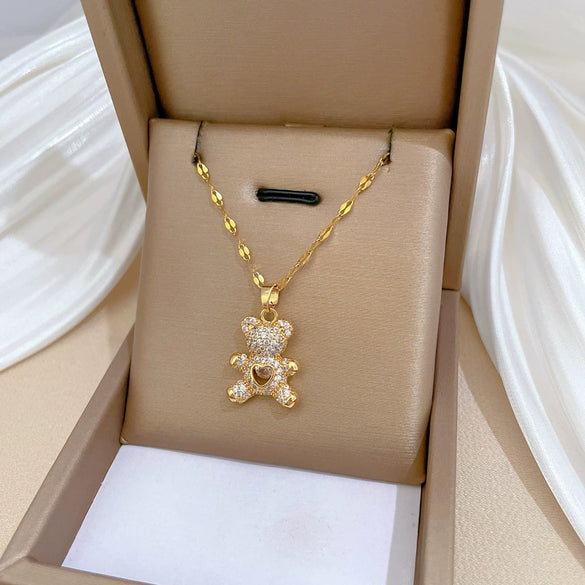 Wholesale Titanium Steel Cartoon Geometric Bear Necklace With Real Gold Micro Inlaid Zirconia And Diamond Treatment