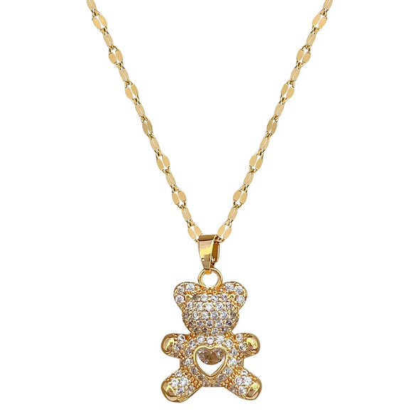 Wholesale Titanium Steel Cartoon Geometric Bear Necklace With Real Gold Micro Inlaid Zirconia And Diamond Treatment
