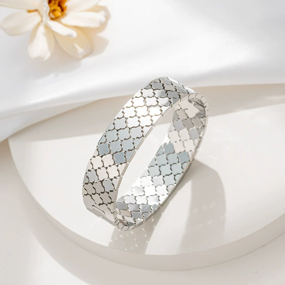 Wholesale Titanium Steel Casting Four Leaf Clover Square Wide Version Women's Exaggerated Style Polish Bracelet