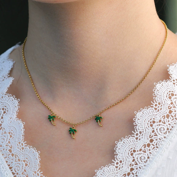 Wholesale Titanium Steel Coconut Tree Dripping Oil Multipendant Necklace For Women