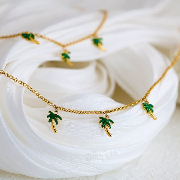 Wholesale Titanium Steel Coconut Tree Dripping Oil Multipendant Necklace For Women