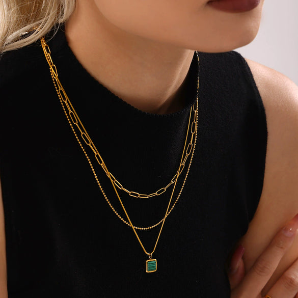 Wholesale Titanium Steel Collarbone Chain With Black Shell Malachite Square Pendant Electroplated Light Luxury Women's Jewelry