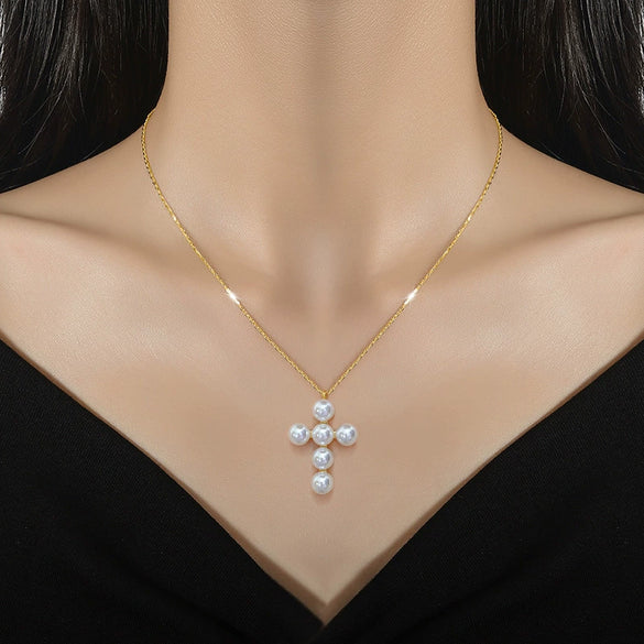 Wholesale Titanium Steel Cross Pearl Necklace With Geometric Pattern Electroplated For Unisex