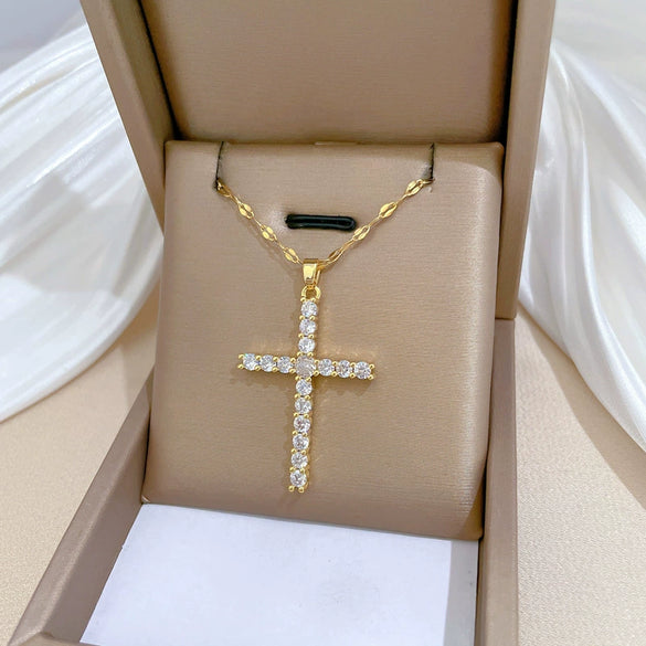 Wholesale Titanium Steel Cross Zircon Copper Microinlay Real Gold Electroplated Geometric Clavicle Chain Necklace