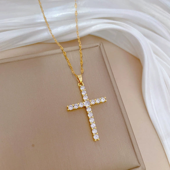 Wholesale Titanium Steel Cross Zircon Copper Microinlay Real Gold Electroplated Geometric Clavicle Chain Necklace