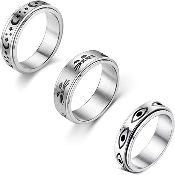 Wholesale Titanium Steel Decompression Rotating Star And Moon Ring With Geometric Style And Letters Numbers Text Pattern For Couple