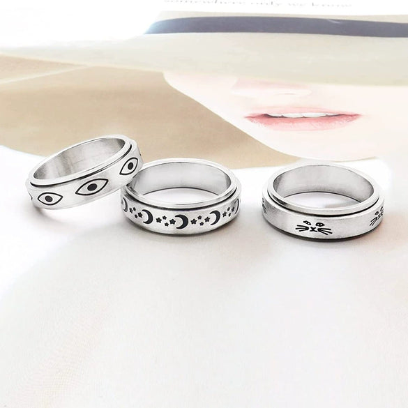 Wholesale Titanium Steel Decompression Rotating Star And Moon Ring With Geometric Style And Letters Numbers Text Pattern For Couple