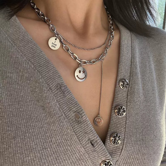 Wholesale Titanium Steel Double Layer Geometric Smile Necklace With Polishing For Unisex Fashion Hip Hop Accessories