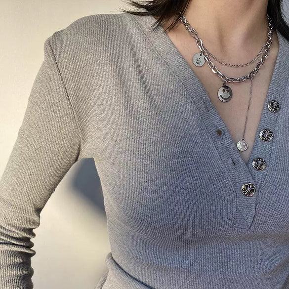 Wholesale Titanium Steel Double Layer Geometric Smile Necklace With Polishing For Unisex Fashion Hip Hop Accessories