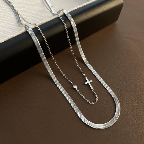 Wholesale Titanium Steel Double Layer Simple Cold Style Clavicle Chain With Geometric Cross And Zircon For Women