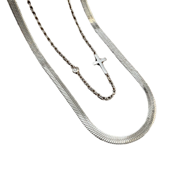 Wholesale Titanium Steel Double Layer Simple Cold Style Clavicle Chain With Geometric Cross And Zircon For Women