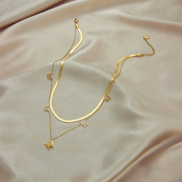 Wholesale Titanium Steel Double Layer Stacked Hollow Butterfly Clavicle Chain Snake Bone Chain Style Electroplated For Women