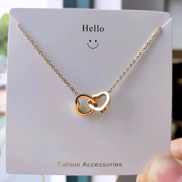 Wholesale Titanium Steel Double Ring Heart Shaped Clavicle Chain Necklace With 18K Gold Electroplating