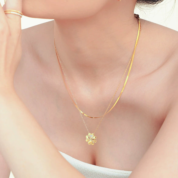 Wholesale Titanium Steel Doublelayer Clavicle Necklace For Women With Microinlaid Zircon Geometric Letter Number And Text Pattern Electroplated Fourleaf Flower Design