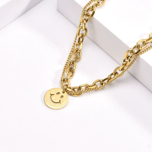 Wholesale Titanium Steel Doublelayer Smiley Tag Collar Chain Necklace With Electroplating For Women