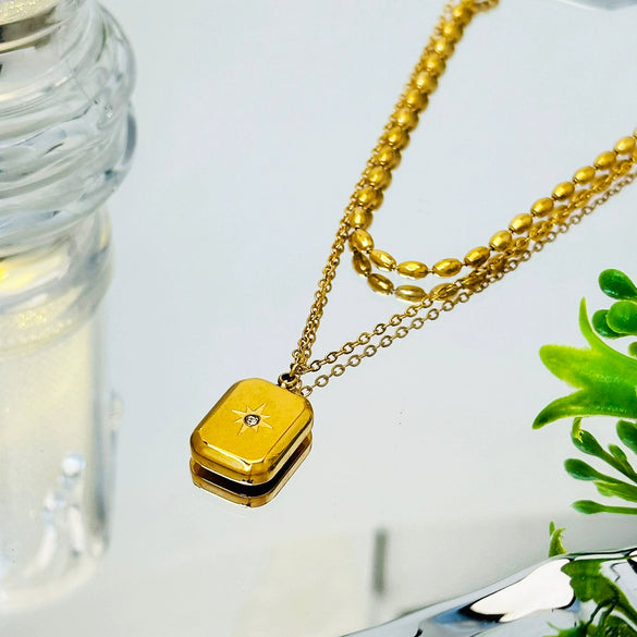 Wholesale Titanium Steel Doublelayer Stacked Necklace With Rice Beads And Sixpointed Star Wave Pattern Electroplated Fashion Niche Luxury Clavicle Chain For Women