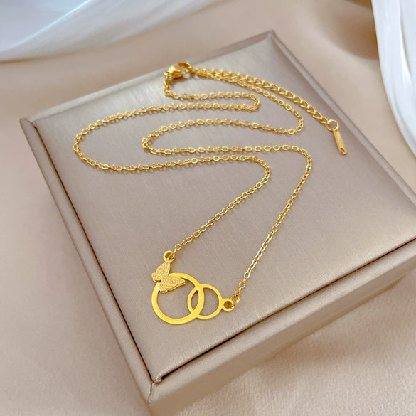 Wholesale Titanium Steel Doublering Butterfly Geometric Electroplated Women's Fashion Necklace