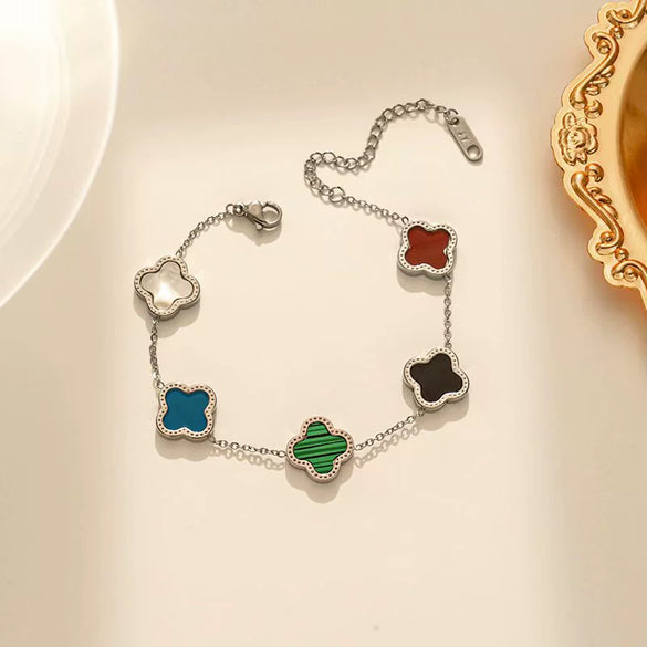 Wholesale Titanium Steel Doublesided Fourleaf Clover And Fiveflower Bracelet With Real Motherofpearl Light Luxury Style Geometric Pattern Vacuum Furnace Electroplated Nonfading