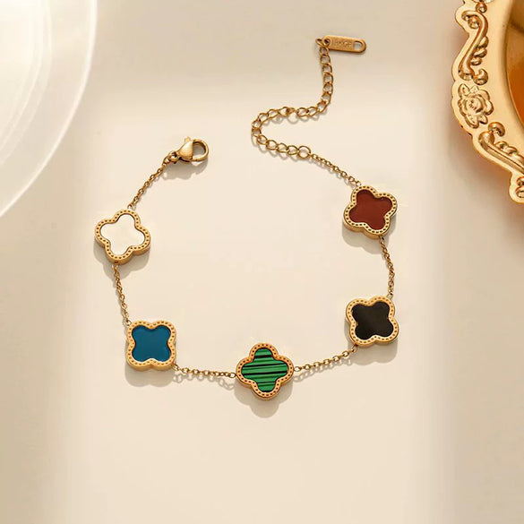 Wholesale Titanium Steel Doublesided Fourleaf Clover And Fiveflower Bracelet With Real Motherofpearl Light Luxury Style Geometric Pattern Vacuum Furnace Electroplated Nonfading